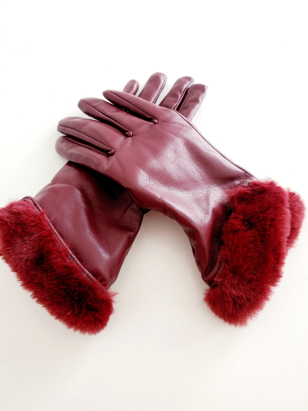 Steve Madden Burgundy Faux Leather Gloves with Faux Fur Cuffs - Size Small